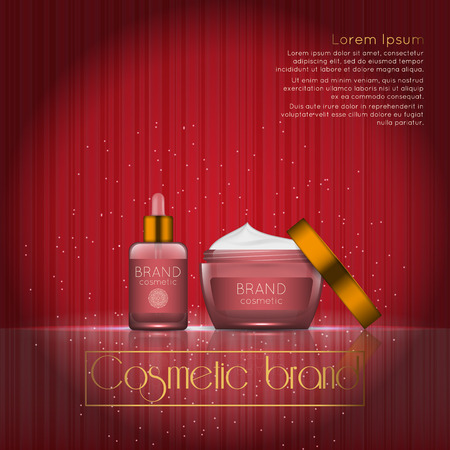 3D realistic cosmetic bottle ads template. Cosmetic brand advertising concept design with glowing sparkles on abstract texture background.のイラスト素材