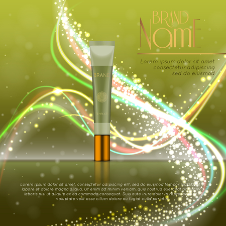 3D realistic cosmetic bottle ads template. Cosmetic brand advertising concept design with glitters and bokeh background.のイラスト素材