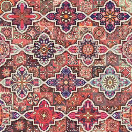 Seamless pattern with decorative mandalas. Vintage mandala elements. Colorful patchworkのイラスト素材