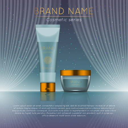 3D realistic cosmetic bottle ads template. Cosmetic brand advertising concept design with wavy light abstract background.のイラスト素材