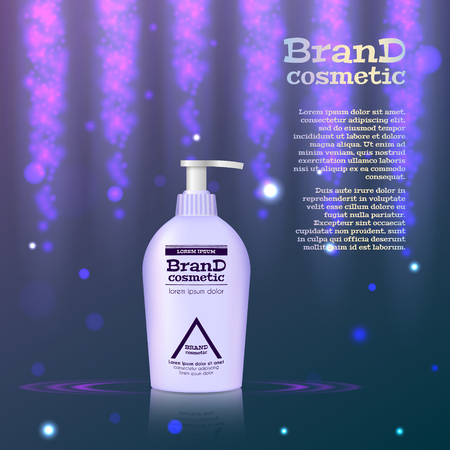 3D realistic cosmetic bottle ads template. Cosmetic brand advertising concept design with glitters and bokeh background.のイラスト素材