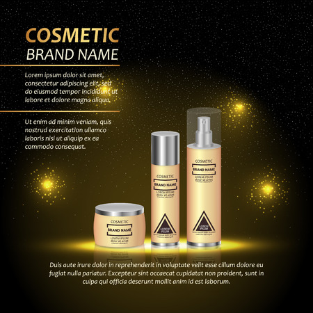 3D realistic cosmetic bottle ads template. Cosmetic brand advertising concept design with abstract glowing lights and sparkles background.のイラスト素材