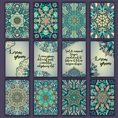 Card set with floral decorative mandala elements background. Asian Indian oriental ornate bannersのイラスト素材