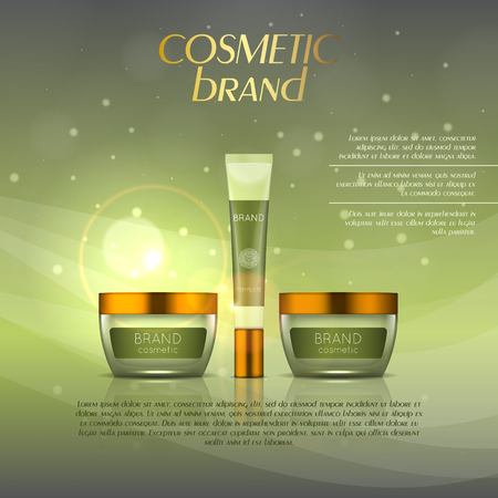Vector 3D cosmetic illustration on a soft light background with flare effects. Beauty realistic cosmetic product design template.のイラスト素材