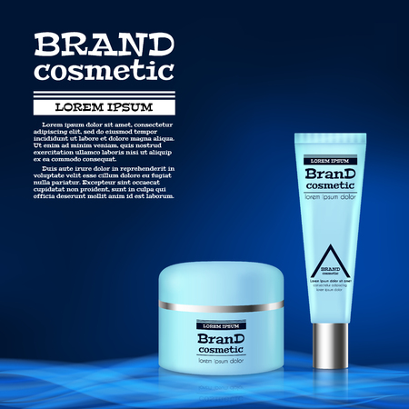 3D realistic cosmetic bottle ads template. Cosmetic brand advertising concept design with abstract glowing waves.のイラスト素材