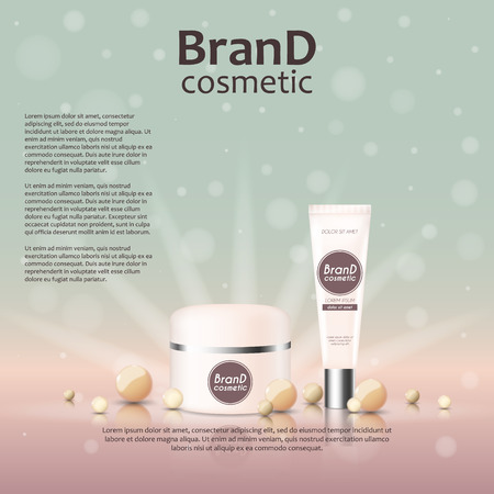 3D realistic cosmetic bottle ads template. Cosmetic brand advertising concept design on glowing background with pearls and sparkles.のイラスト素材