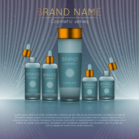 3D realistic cosmetic bottle ads template. Cosmetic brand advertising concept design with wavy light abstract background.のイラスト素材
