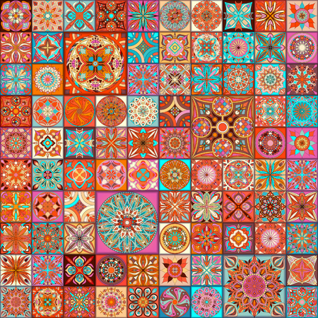 Seamless pattern with decorative mandalas. Vintage mandala elements. Colorful patchworkのイラスト素材