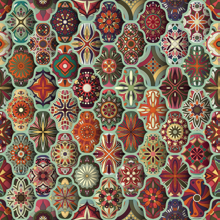 Seamless pattern with decorative mandalas. Vintage mandala elements. Colorful patchworkのイラスト素材
