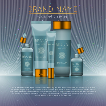 3D realistic cosmetic bottle ads template. Cosmetic brand advertising concept design with wavy light abstract background.のイラスト素材