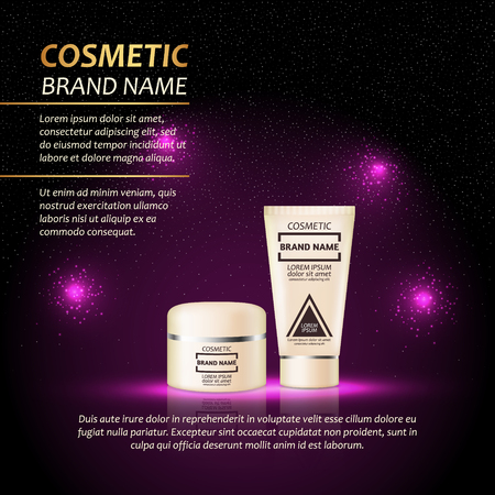 3D realistic cosmetic bottle ads template. Cosmetic brand advertising concept design with abstract glowing lights and sparkles background.のイラスト素材