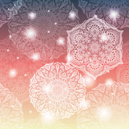Ornate floral seamless texture, endless pattern with glowing bright mandala elements.のイラスト素材