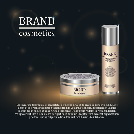 3D realistic cosmetic bottle ads template. Cosmetic brand advertising concept design with glitters and bokeh background.のイラスト素材