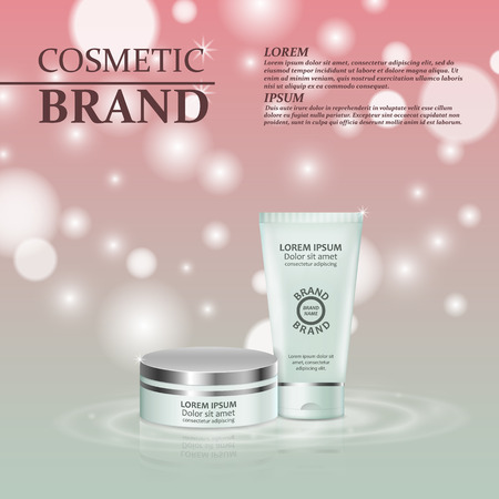 3D realistic cosmetic bottle ads template. Cosmetic brand advertising concept design with glitters and bokeh background.のイラスト素材