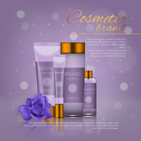 Vector 3D cosmetic illustration with rose and bokeh background. Beauty realistic cosmetic product design templateのイラスト素材