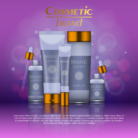Vector 3D cosmetic illustration on a soft light blurred background with bokeh. Beauty realistic cosmetic product design templateのイラスト素材