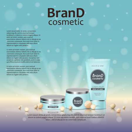 3D realistic cosmetic bottle ads template. Cosmetic brand advertising concept design on glowing background with pearls and sparkles.のイラスト素材