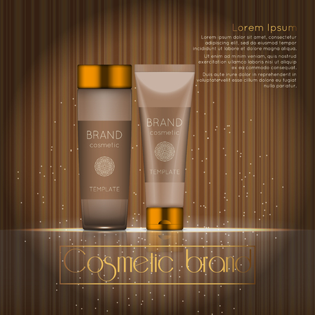 3D realistic cosmetic bottle ads template. Cosmetic brand advertising concept design with glowing sparkles on abstract texture background.のイラスト素材