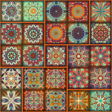 Seamless pattern with decorative mandalas. Vintage mandala elements. Colorful patchworkのイラスト素材