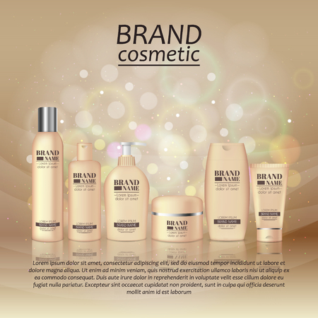 3D realistic cosmetic bottle ads template. Cosmetic brand advertising concept design with glitters and bokeh background.のイラスト素材