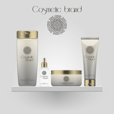 Set of realistic gradient color cosmetic bottle. 3D mockup bottle isolated on white background. Cosmetic products package.のイラスト素材