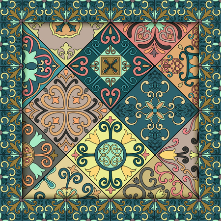 Seamless pattern with portuguese tiles in talavera style. Azulejo, moroccan, mexican ornamentsのイラスト素材