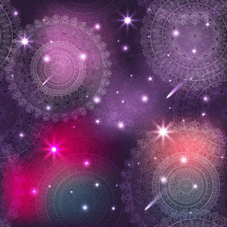 Ornate floral seamless texture, endless pattern with glowing bright mandala elements.のイラスト素材