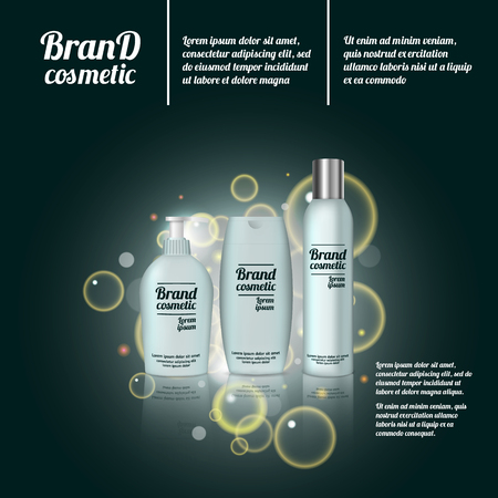 3D realistic cosmetic bottle ads template. Cosmetic brand advertising concept design with bubbles and sparkles.のイラスト素材