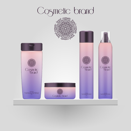 Set of realistic gradient color cosmetic bottle. 3D mockup bottle isolated on white background. Cosmetic products packageのイラスト素材