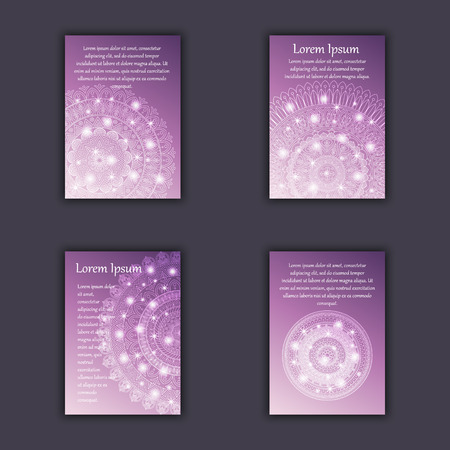 Card set with floral glowing decorative mandala elements background. Asian Indian oriental ornate banners.のイラスト素材