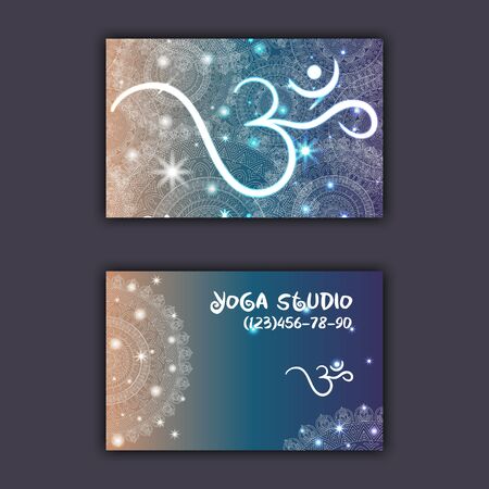 Business card for yoga studio or yoga instructor. Ethnic background with mandala ornament and ohm.のイラスト素材