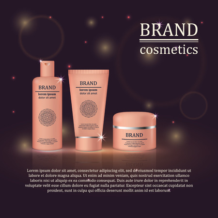 3D realistic cosmetic bottle ads template. Cosmetic brand advertising concept design with glitters and bokeh background.のイラスト素材