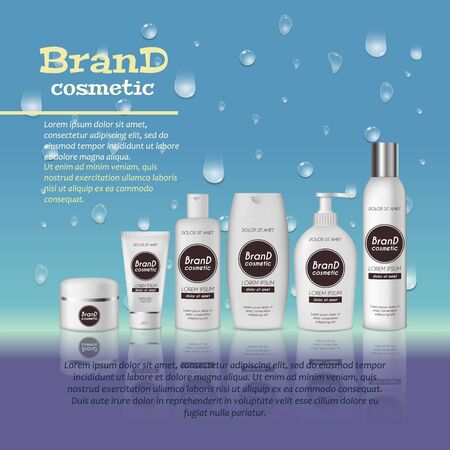 3D set cosmetic products container on white color on water droplets background.のイラスト素材