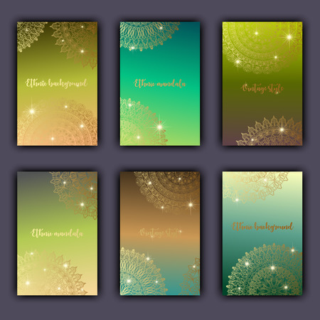 Card set with floral glowing decorative mandala elements background. Asian Indian oriental ornate banners.のイラスト素材