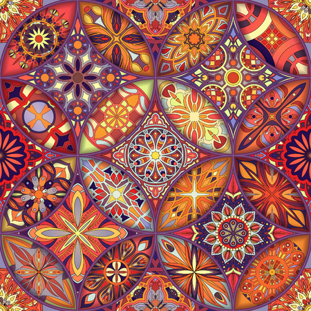 Seamless pattern with decorative mandalas. Vintage mandala elements. Colorful patchworkのイラスト素材