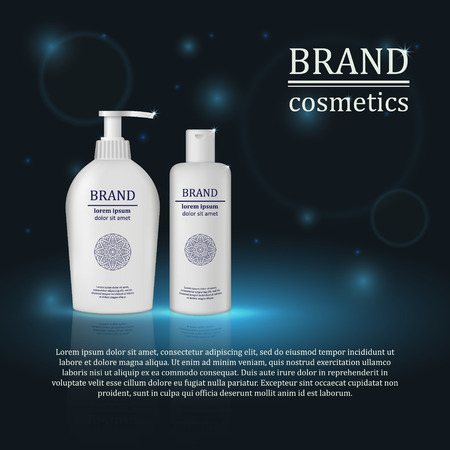 3D realistic cosmetic bottle ads template. Cosmetic brand advertising concept design with glitters and bokeh background.のイラスト素材