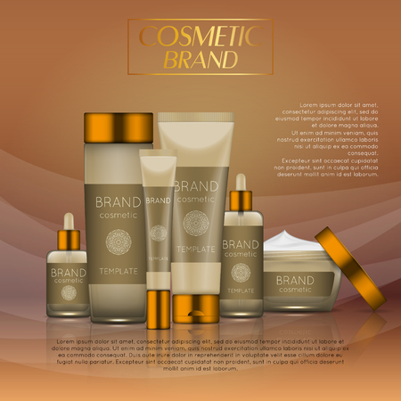 3D realistic cosmetic bottle ads template. Cosmetic brand advertising concept design with glitters and bokeh background.のイラスト素材