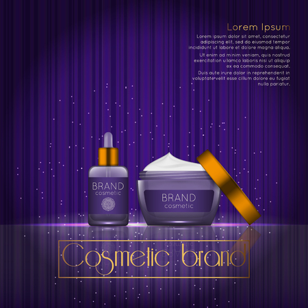 3D realistic cosmetic bottle ads template. Cosmetic brand advertising concept design with glowing sparkles on abstract texture background.のイラスト素材