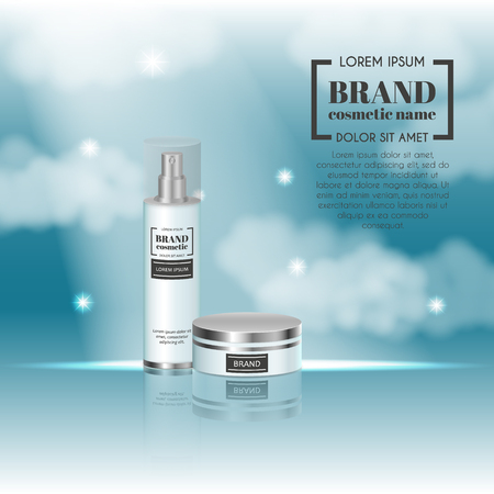 3D realistic cosmetic bottle ads template. Cosmetic brand advertising concept design on sky background with clouds.のイラスト素材