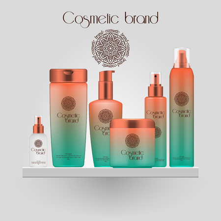 Set of realistic gradient color cosmetic bottle. 3D mockup bottle isolated on white background. Cosmetic products packageのイラスト素材