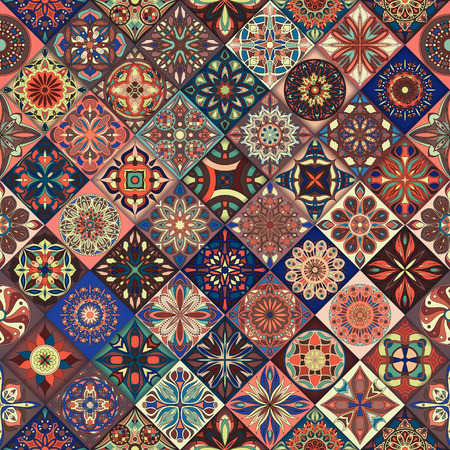Seamless pattern with decorative mandalas. Vintage mandala elements. Colorful patchworkのイラスト素材