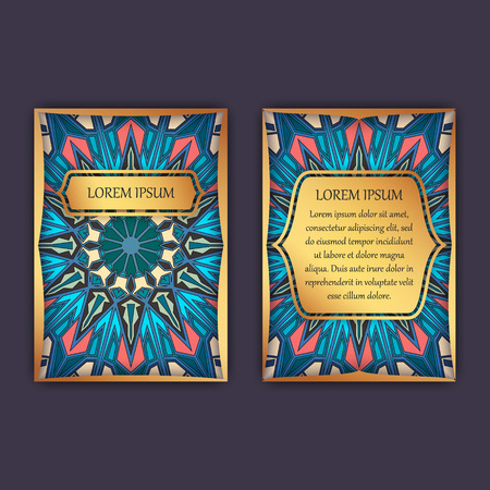 Vintage cards with floral mandala pattern and ornaments. Front page and back page. Luxury designのイラスト素材