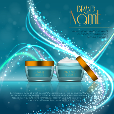 3D realistic cosmetic bottle ads template. Cosmetic brand advertising concept design with glitters and bokeh background.のイラスト素材