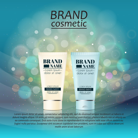 3D realistic cosmetic bottle ads template. Cosmetic brand advertising concept design with glitters and bokeh background.のイラスト素材