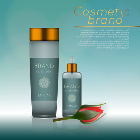 Vector 3D cosmetic illustration with rose and bokeh background. Beauty realistic cosmetic product design templateのイラスト素材