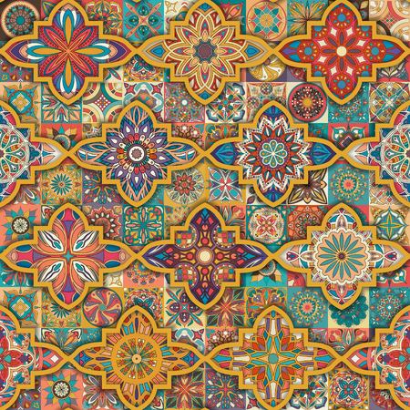 Seamless pattern with decorative mandalas. Vintage mandala elements. Colorful patchworkのイラスト素材