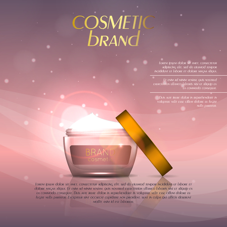 3D realistic cosmetic bottle ads template. Cosmetic brand advertising concept design with glitters and bokeh background.のイラスト素材