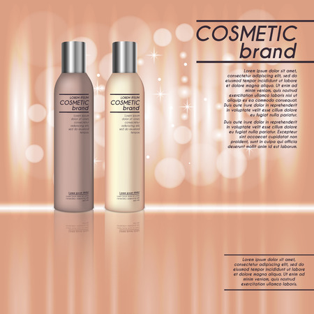 3D realistic cosmetic bottle ads template. Cosmetic brand advertising concept design with glitters and bokeh background.のイラスト素材