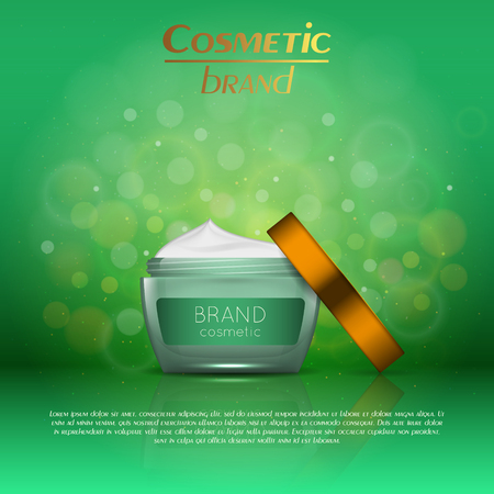 3D realistic cosmetic bottle ads template. Cosmetic brand advertising concept design with glitters and bokeh background.のイラスト素材