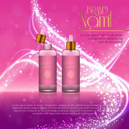 3D realistic cosmetic bottle ads template. Cosmetic brand advertising concept design with glitters and bokeh background.のイラスト素材